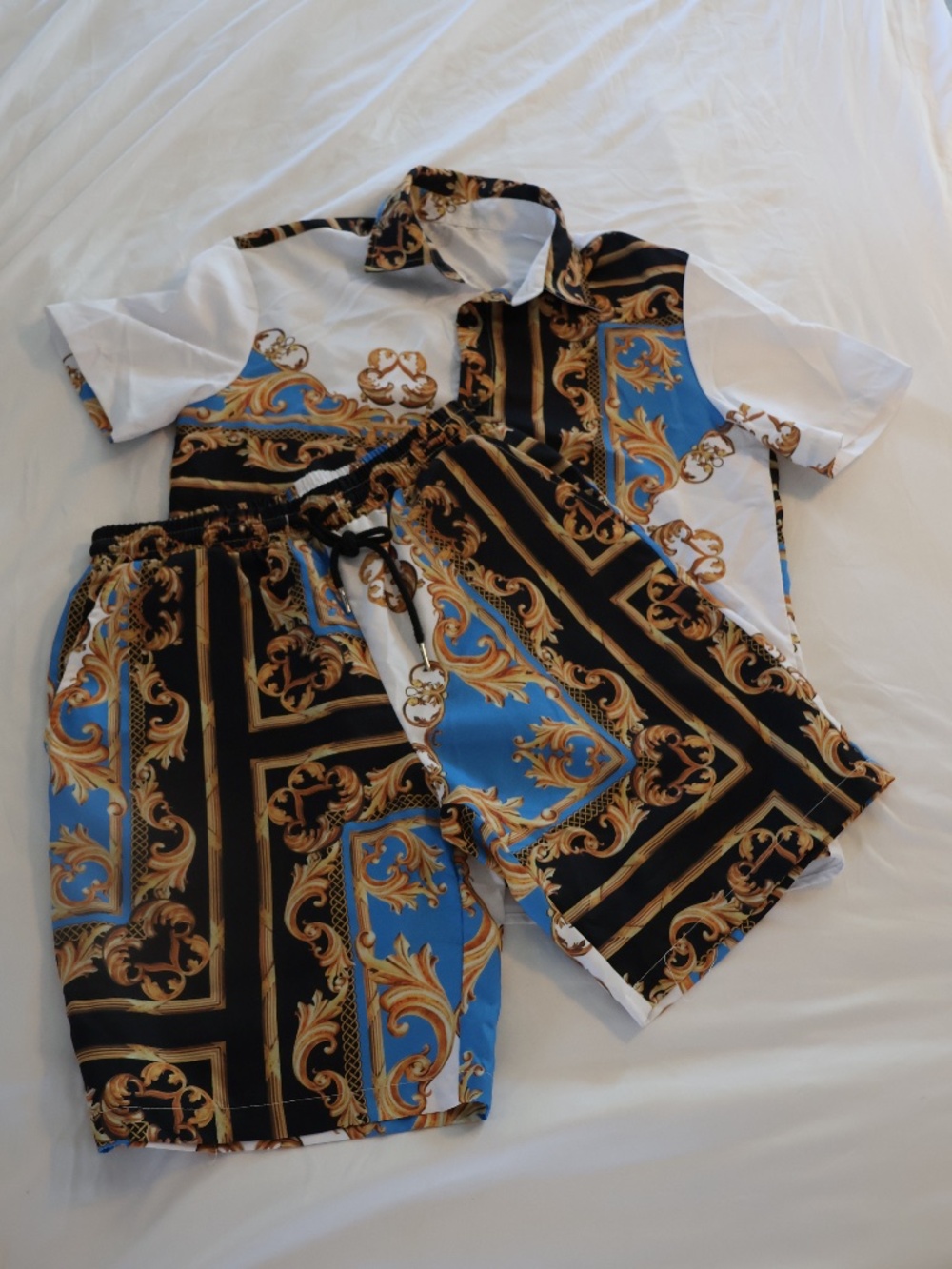 Baroque print matching button down short sleeve & shorts set